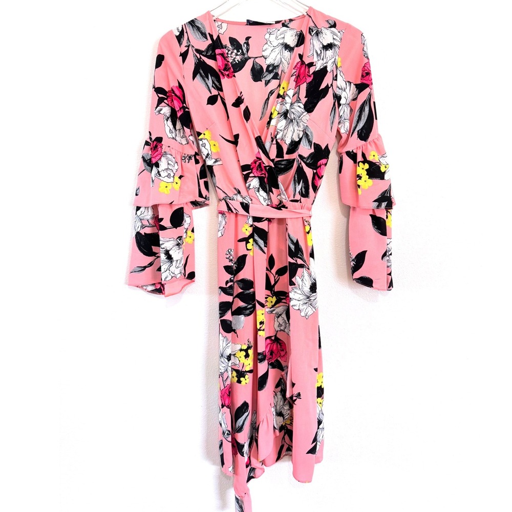 Miss Selfridge | Pink Floral Midi Faux Wrap Dress Tiered Bell‎ Sleeve